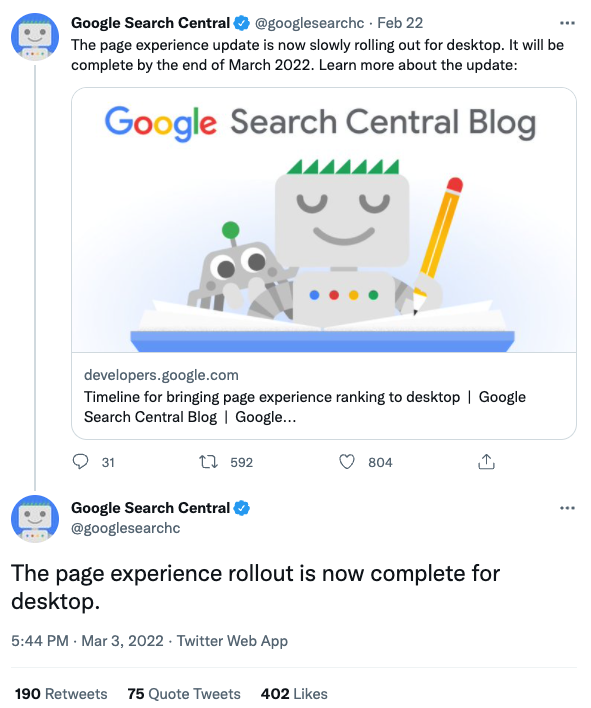 Google Search Twitter post - Core Web Vitals page experience rollout is now complete for desktop.